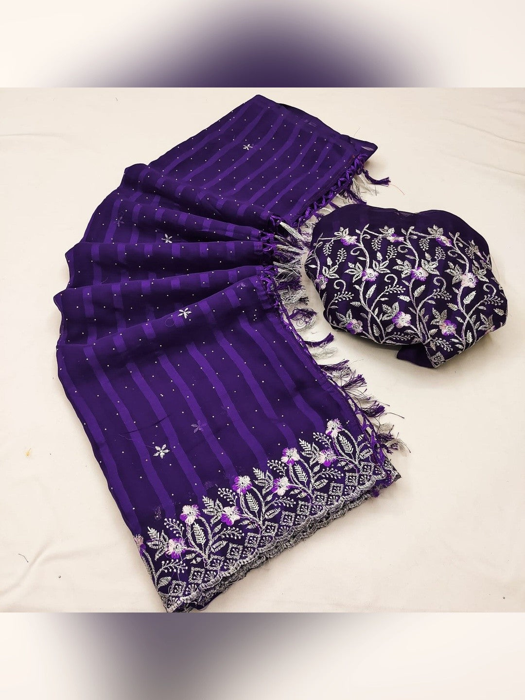 Graceful Purple Floral Embroidery & Swarovski Work Chiffon Saree With Luxurious Tassel Pallu - Image 3
