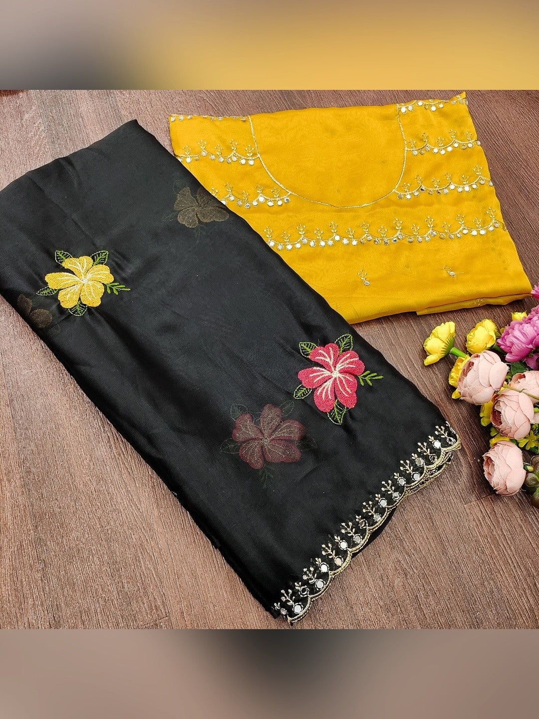Black & Yellow Floral Thread Work Saree Viscose Beautiful Mirror Border Festive Glamour - Image 4