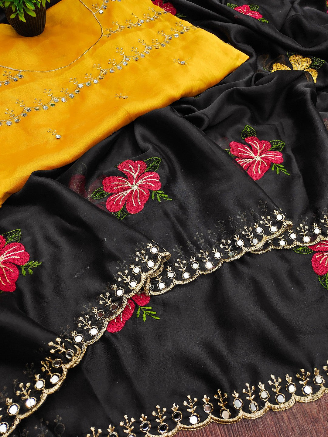 Black & Yellow Floral Thread Work Saree Viscose Beautiful Mirror Border Festive Glamour - Image 4