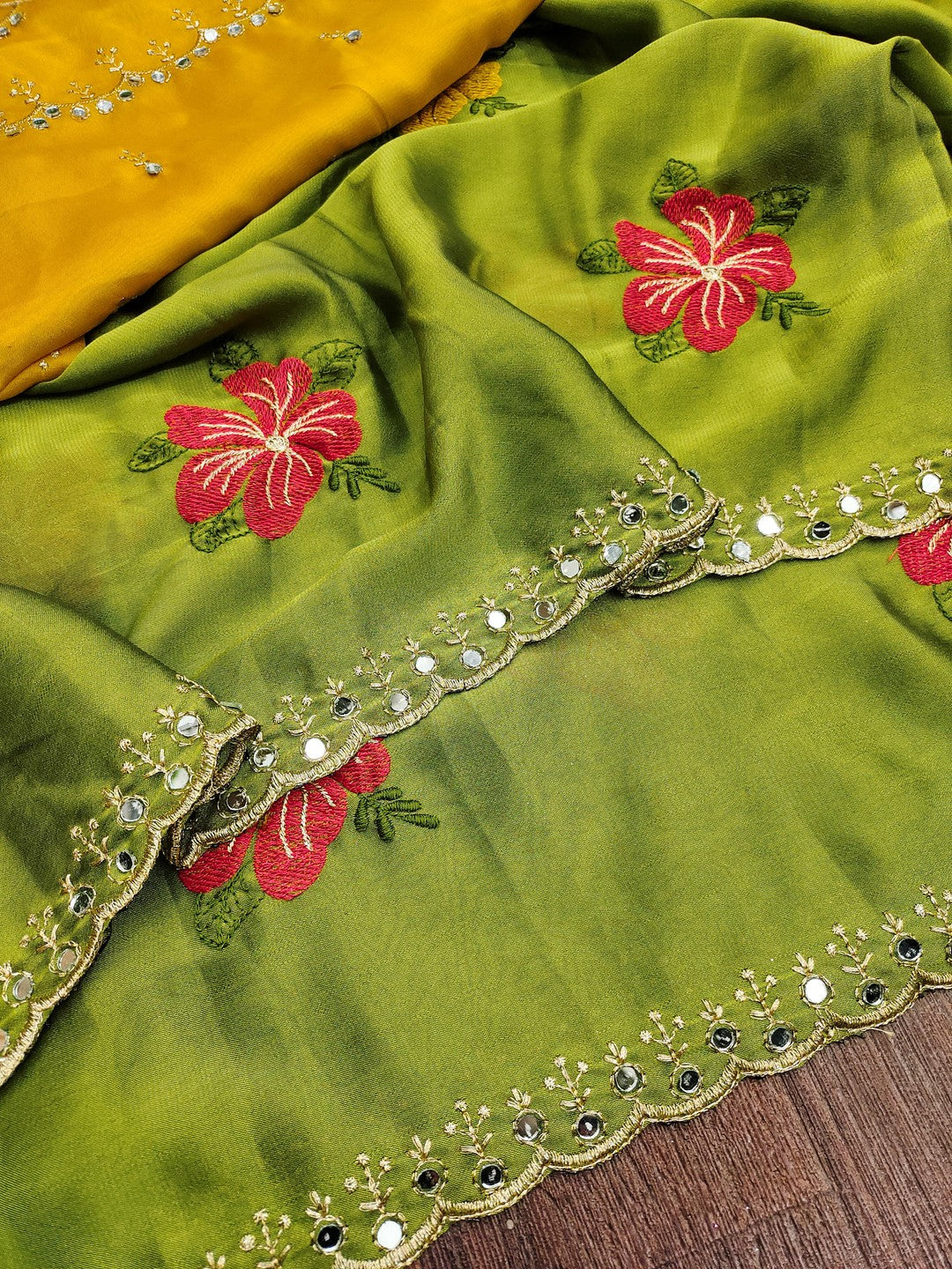 Green & Yellow Floral Thread Work Saree Viscose Beautiful Mirror Border Festive Glamour - Image 3