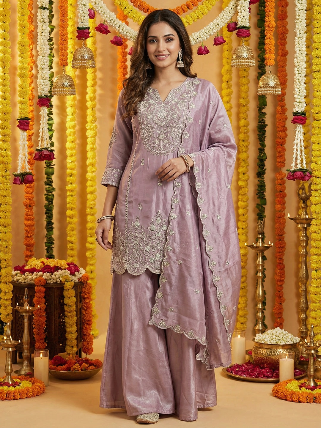 Lavender Shimmer Sharara Suit with Bead Embroidery and Handcrafted Details - Image 1