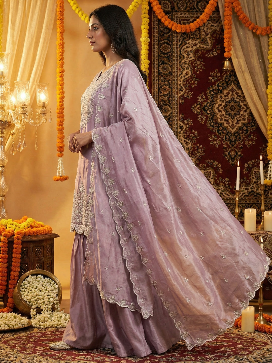 Lavender Shimmer Sharara Suit with Bead Embroidery and Handcrafted Details - Image 4