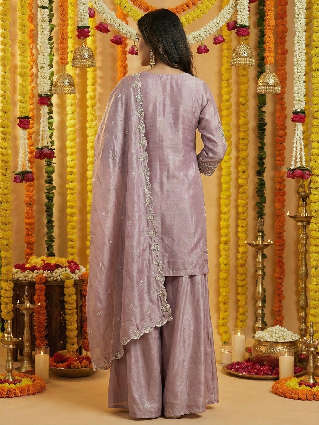 Lavender Shimmer Sharara Suit with Bead Embroidery and Handcrafted Details - Image 4