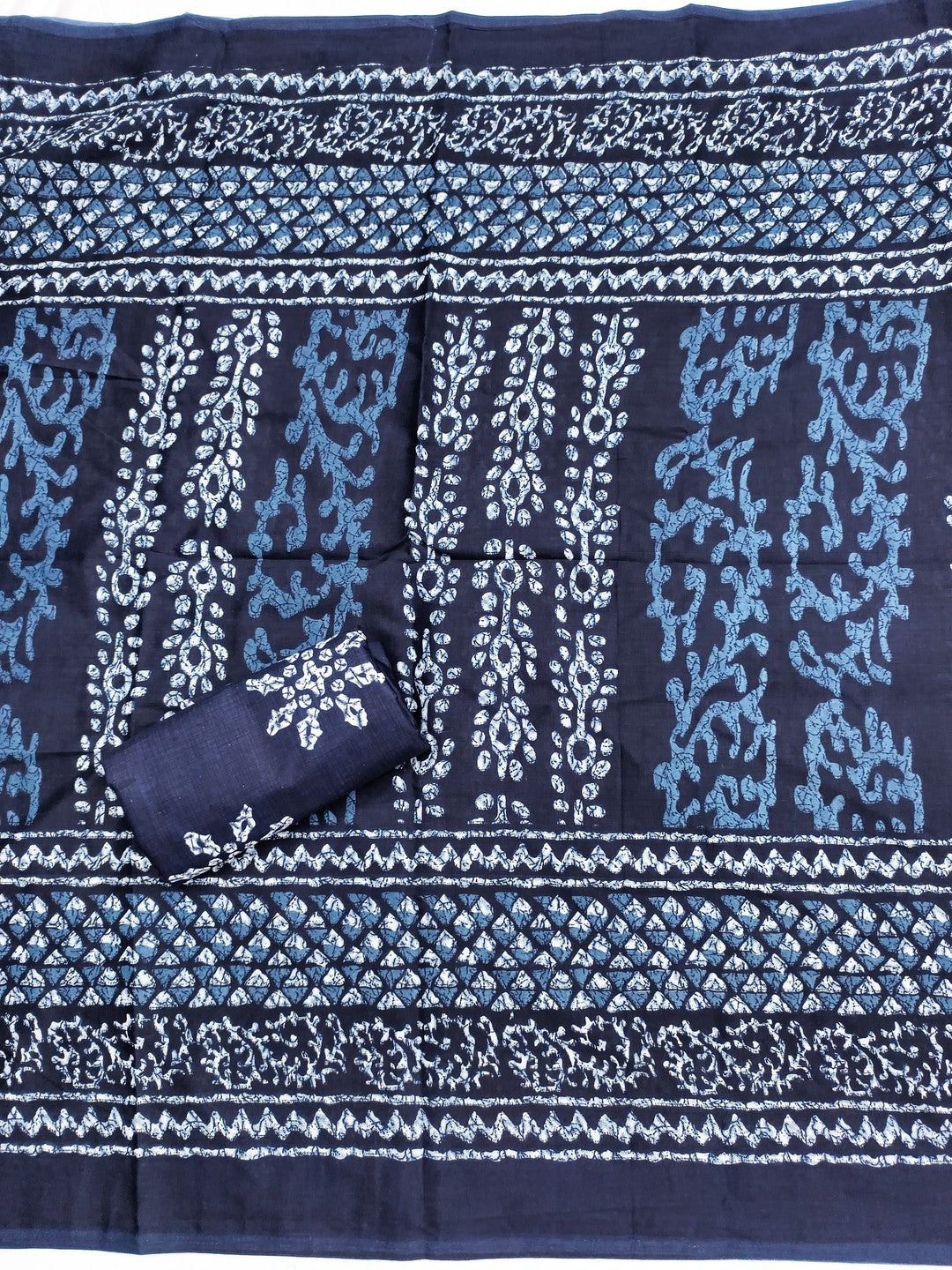 Navy Blue Batik Printed Pure Cotton Unstitched Dress Material for Comfortable Daily Wear - Image 3