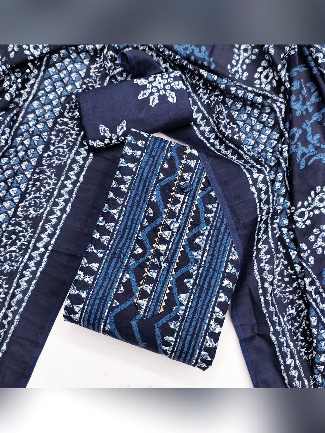 Navy Blue Batik Printed Pure Cotton Unstitched Dress Material for Comfortable Daily Wear - Image 5