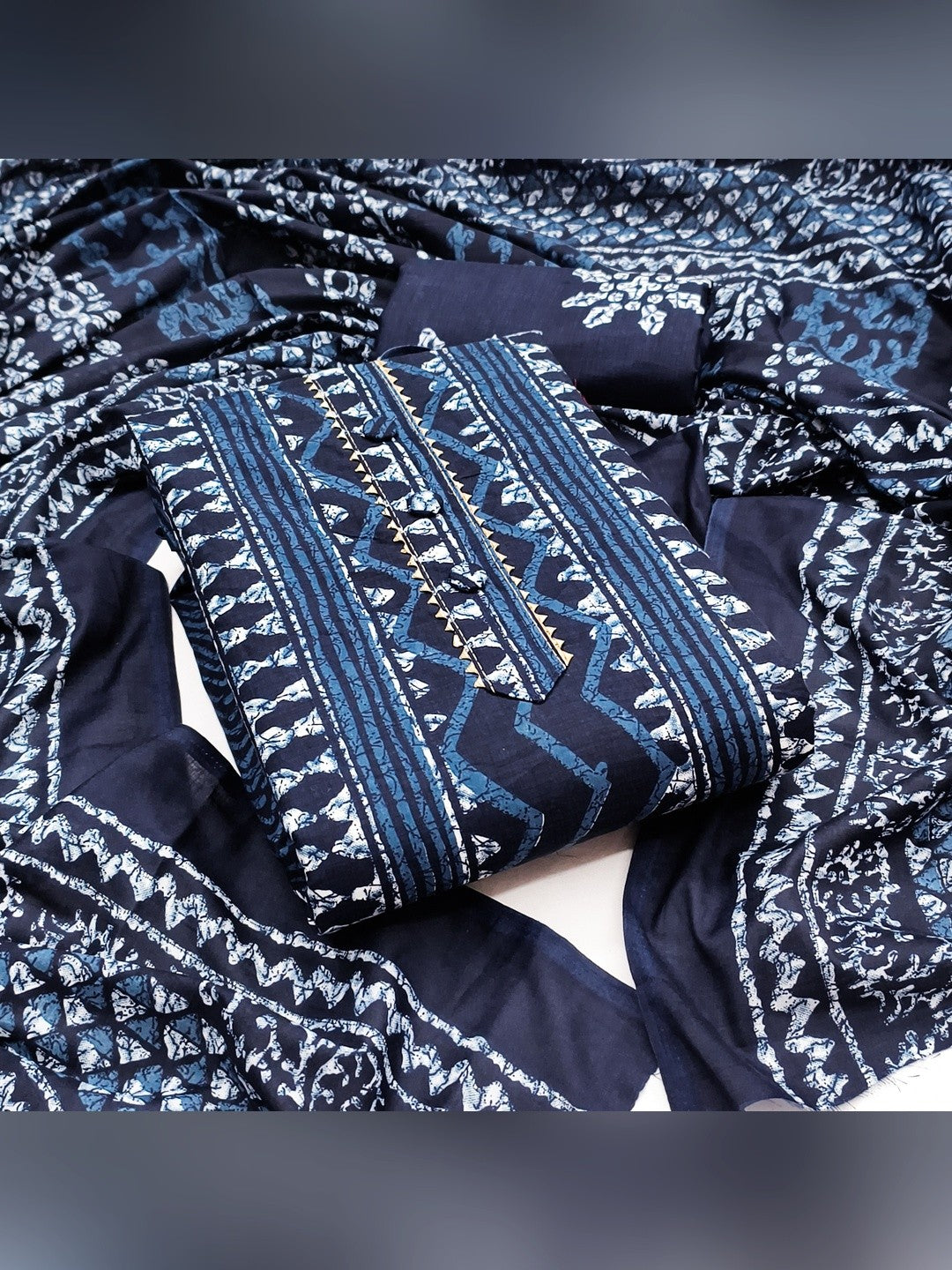 Navy Blue Batik Printed Pure Cotton Unstitched Dress Material for Comfortable Daily Wear - Image 1