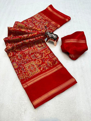Elegant Red Tussar Silk Saree Featuring Traditional Zari Detailing - Image 2