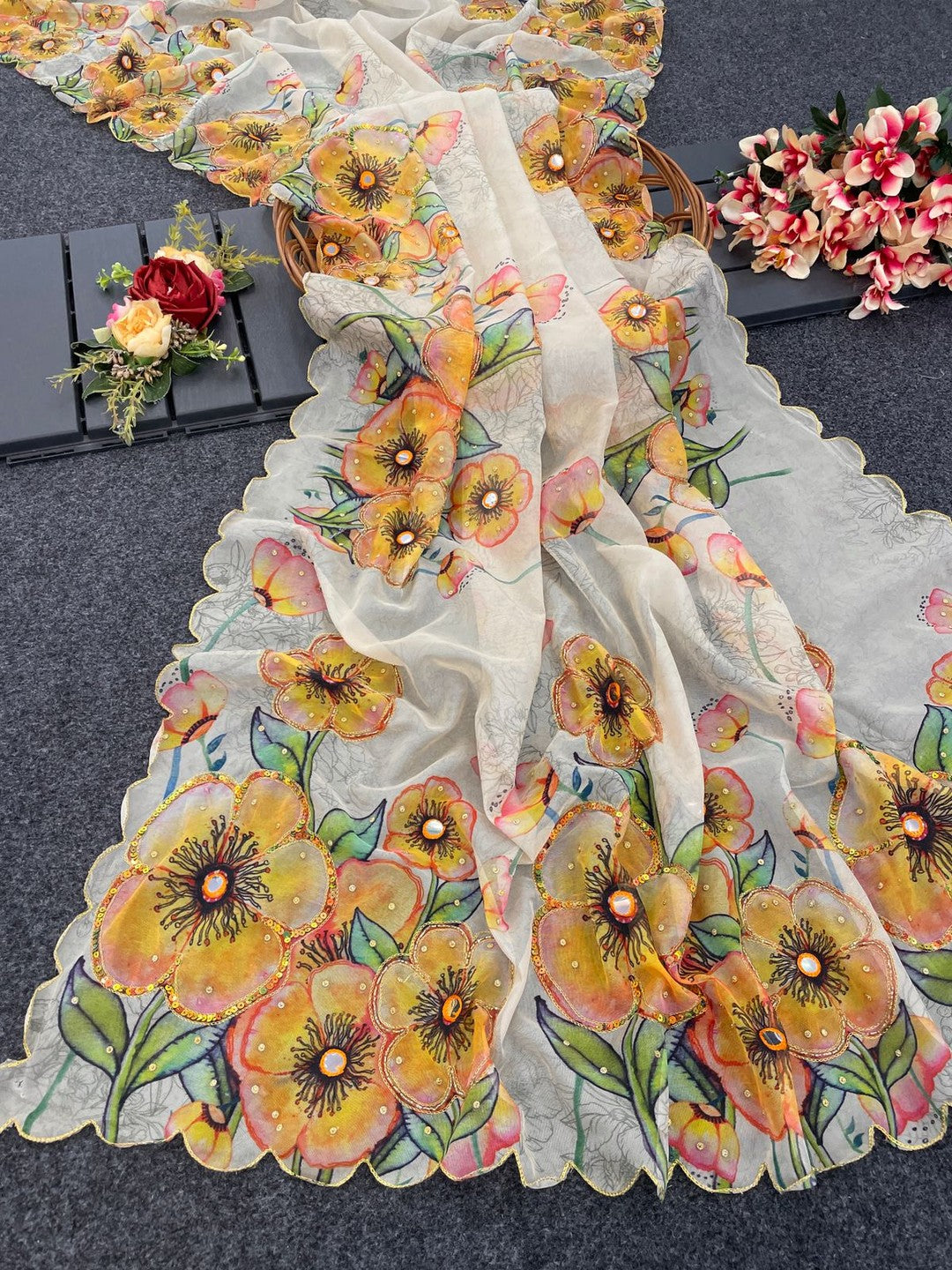 Off White Floral Print Pure Organza Saree with Soft Organza Texture and Sequins Work - Image 2