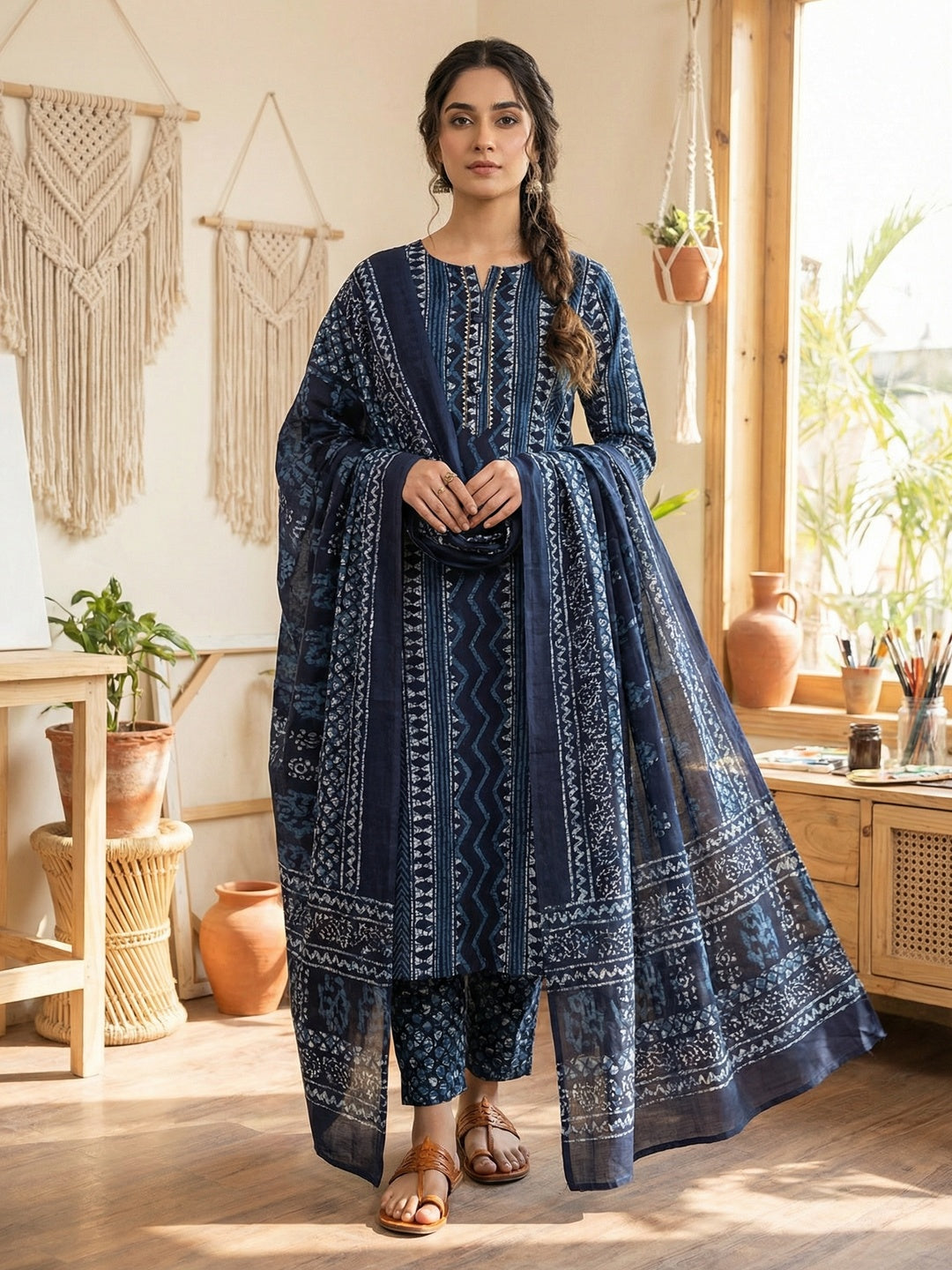 Navy Blue Batik Printed Pure Cotton Unstitched Dress Material for Comfortable Daily Wear - Image 2