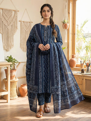 Navy Blue Batik Printed Pure Cotton Unstitched Dress Material for Comfortable Daily Wear - Image 2