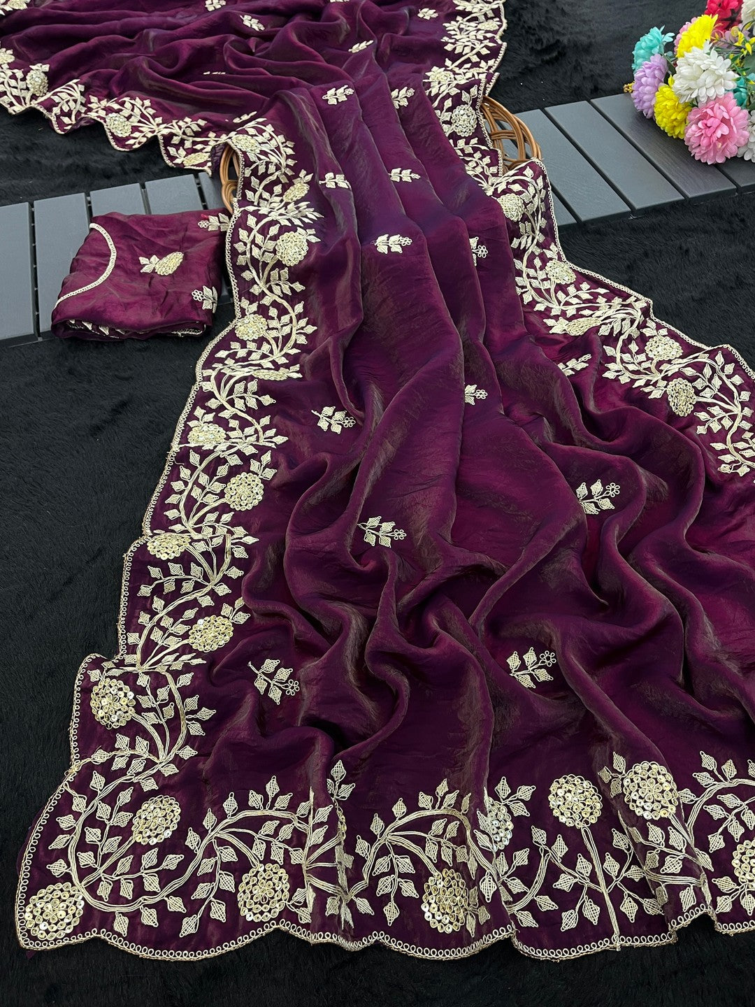 Wine Party Wear Saree in Fandy Satin Fabric with Detailed Thread Embroidery Work - Image 2