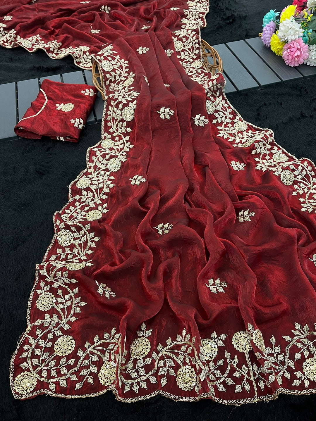 Maroon Party Wear Saree in Fandy Satin Fabric with Detailed Thread Embroidery Work - Image 2