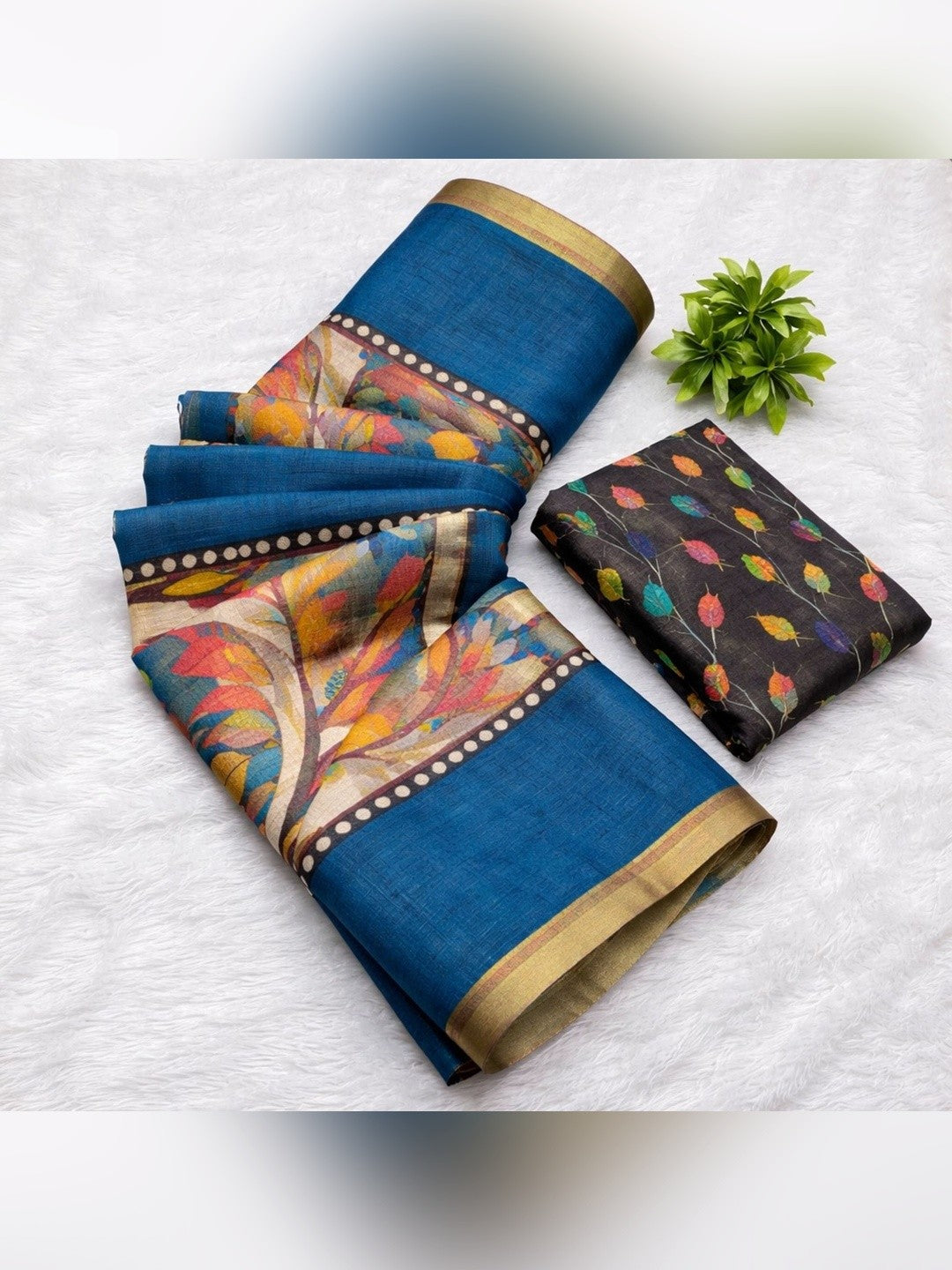 Blue Graceful Blue Linen Cotton Saree With Stylish Floral Prints For Effortless Elegance - Image 2