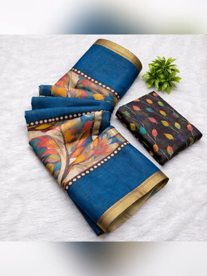 Blue Graceful Blue Linen Cotton Saree With Stylish Floral Prints For Effortless Elegance - Image 2