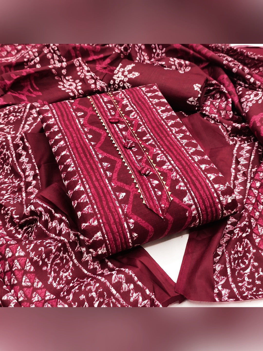 Maroon Batik Printed Pure Cotton Unstitched Dress Material for Comfortable Daily Wear - Image 1