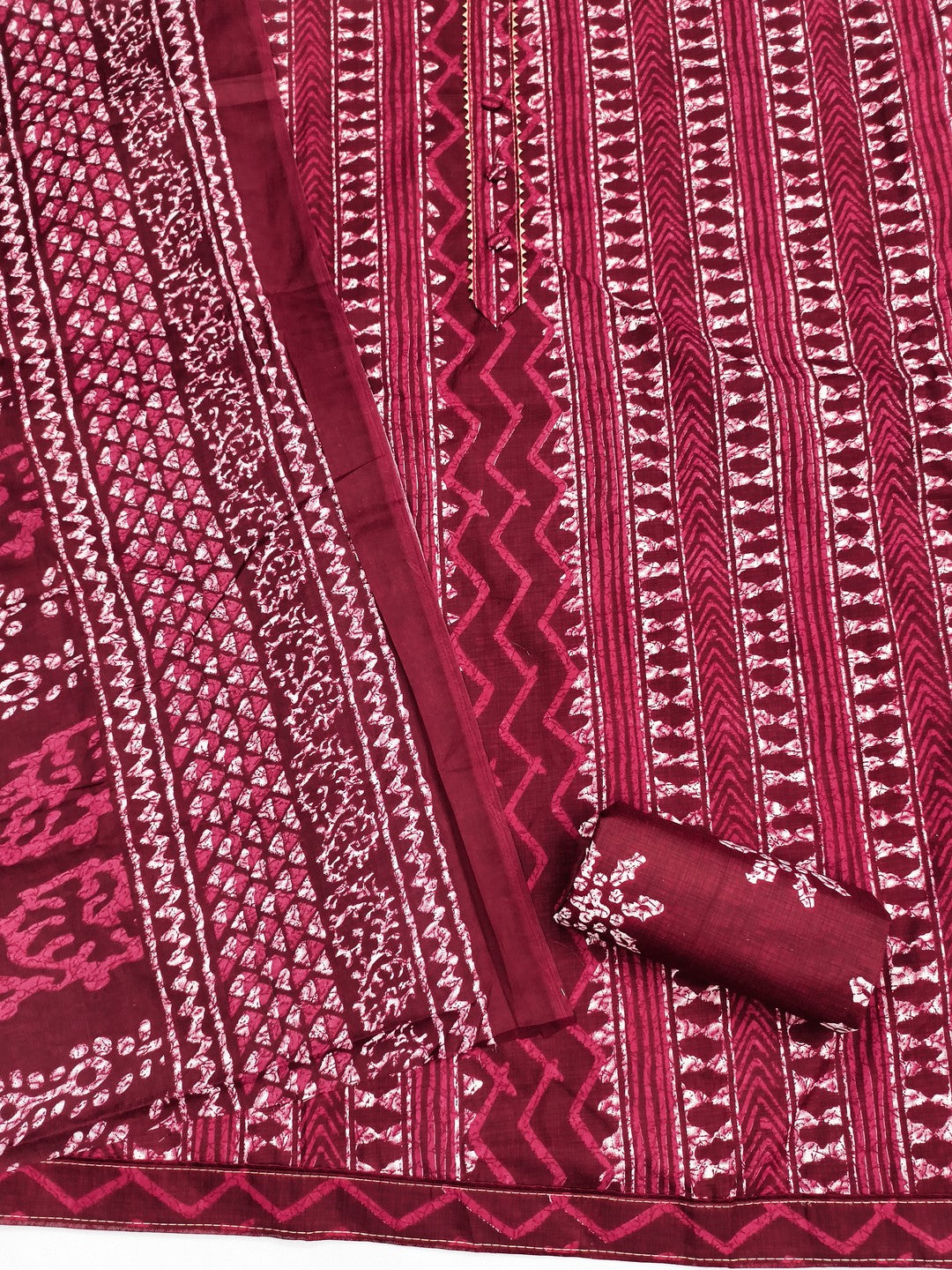Maroon Batik Printed Pure Cotton Unstitched Dress Material for Comfortable Daily Wear - Image 3