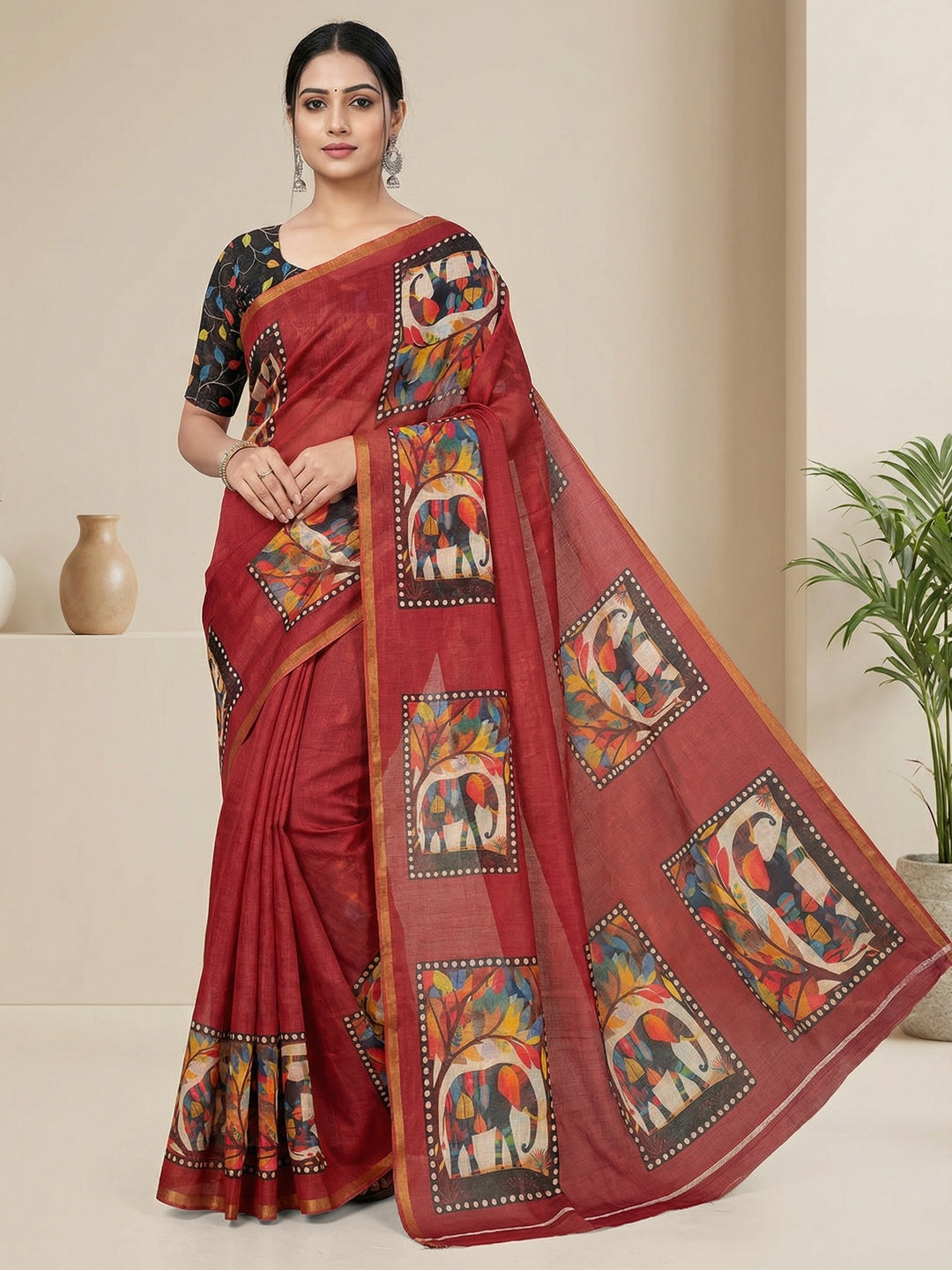 Graceful Red Linen Cotton Saree With Stylish Floral Prints For Effortless Elegance - Image 1