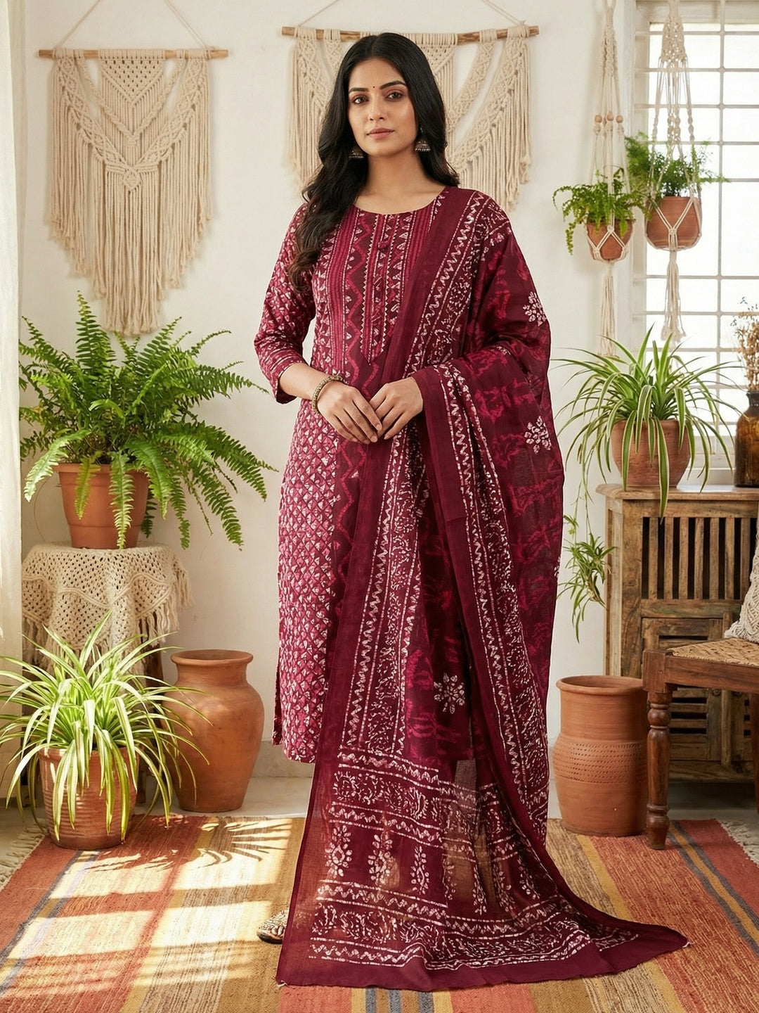 Maroon Batik Printed Pure Cotton Unstitched Dress Material for Comfortable Daily Wear - Image 2