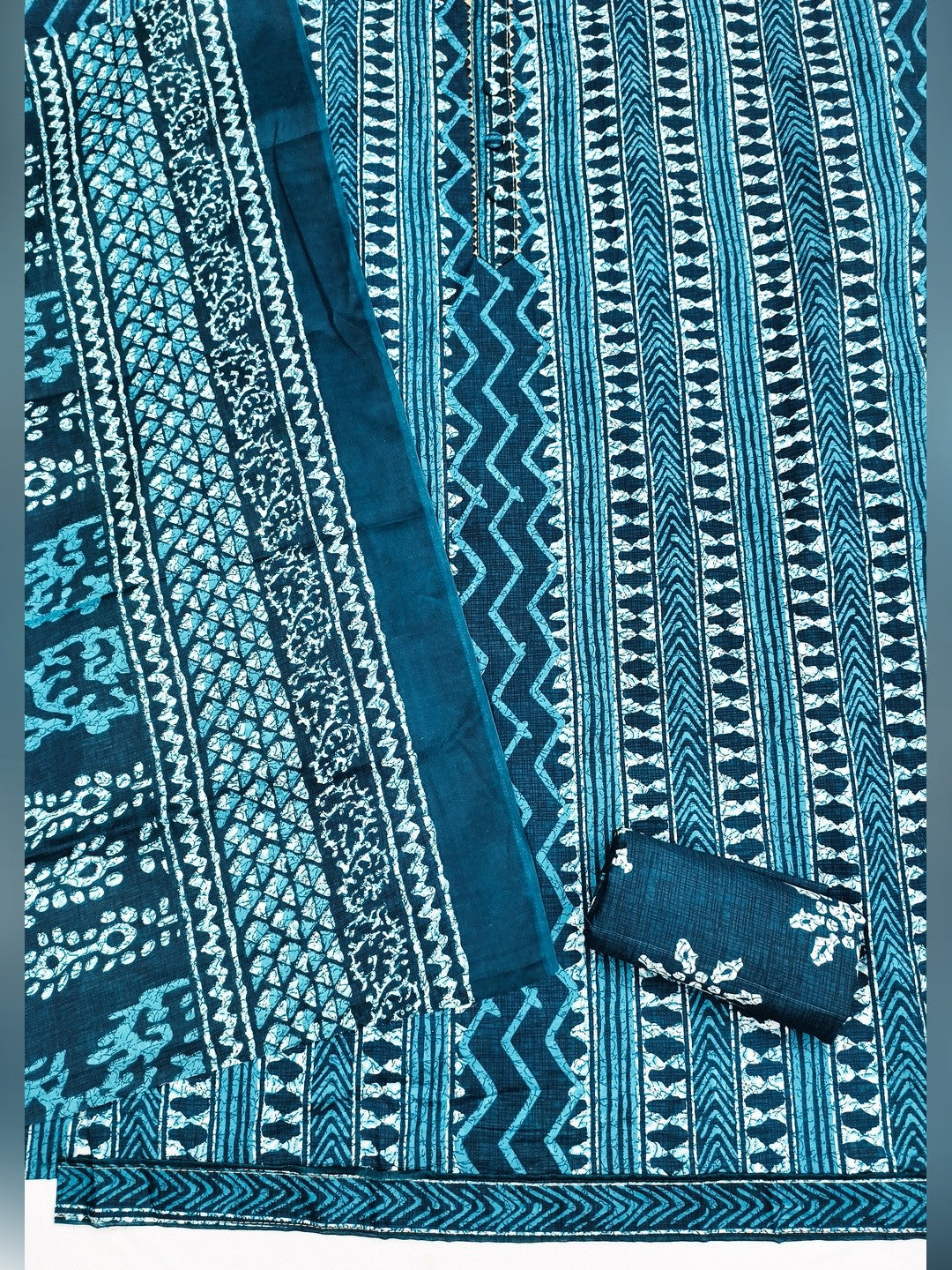 Teal Batik Printed Pure Cotton Unstitched Dress Material for Comfortable Daily Wear - Image 4
