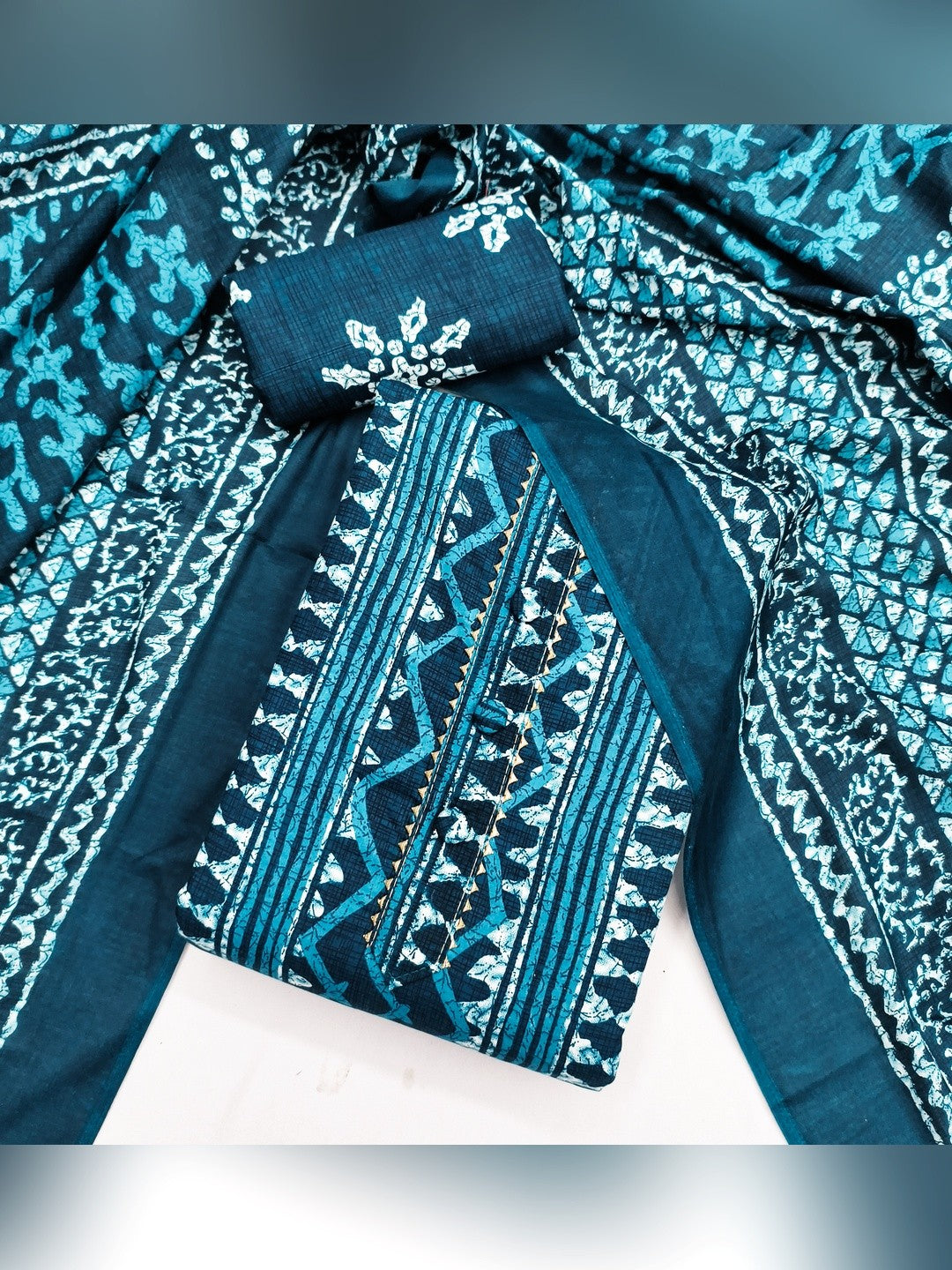 Teal Batik Printed Pure Cotton Unstitched Dress Material for Comfortable Daily Wear - Image 1