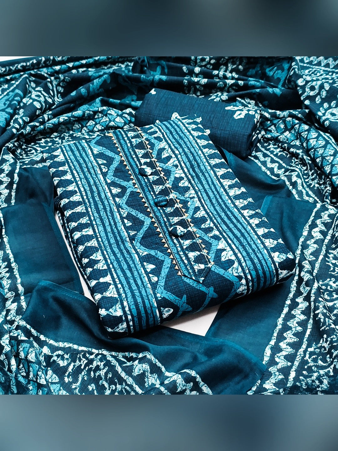 Teal Batik Printed Pure Cotton Unstitched Dress Material for Comfortable Daily Wear - Image 3