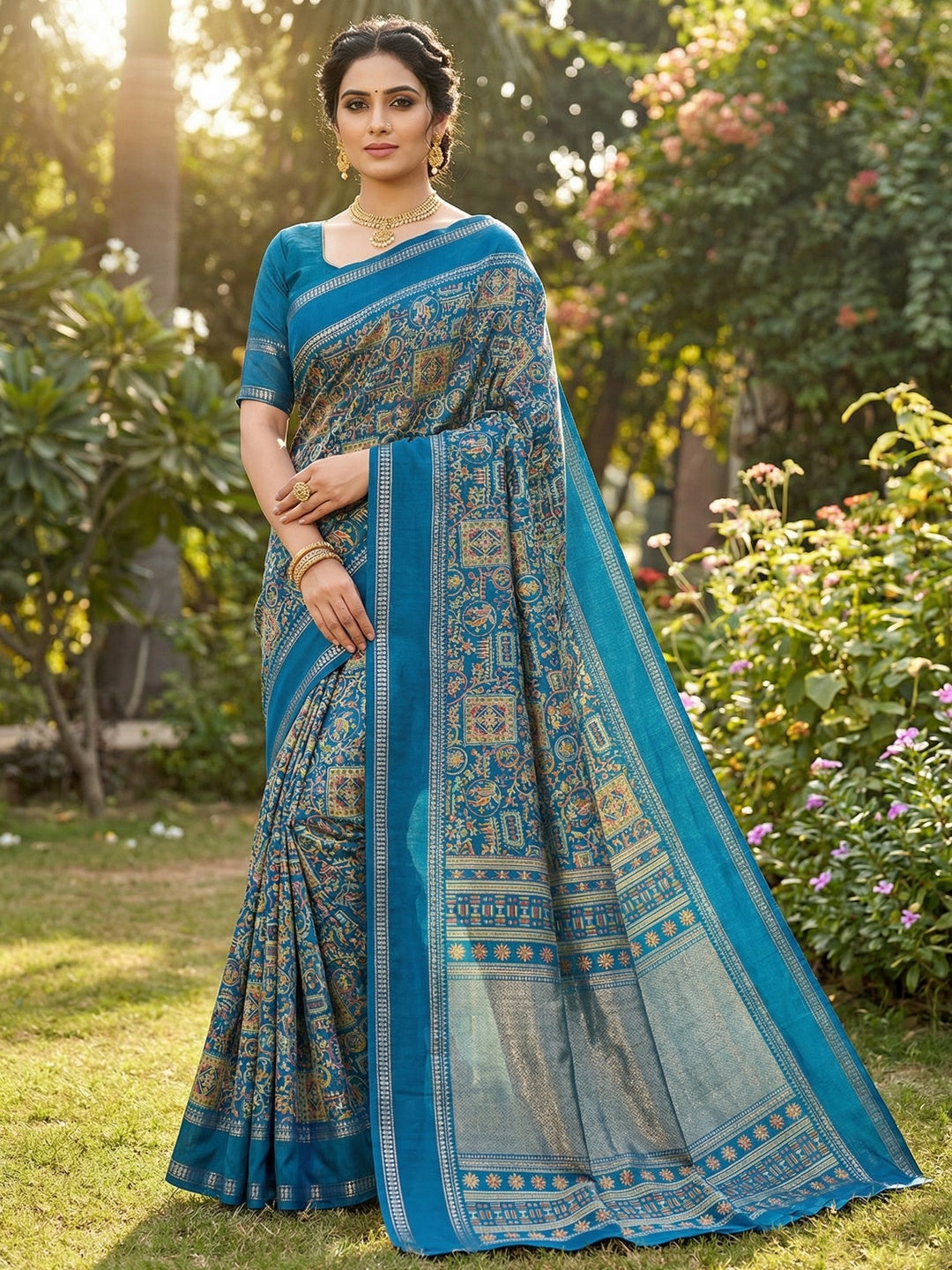 Elegant Teal Blue Tussar Silk Saree Featuring Traditional Zari Detailing - Image 1
