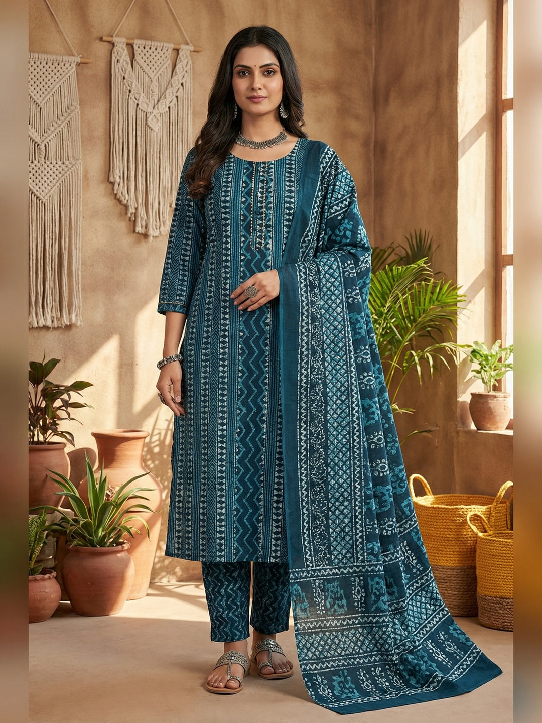 Teal Batik Printed Pure Cotton Unstitched Dress Material for Comfortable Daily Wear - Image 2