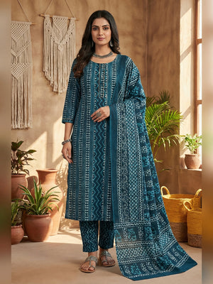 Teal Batik Printed Pure Cotton Unstitched Dress Material for Comfortable Daily Wear - Image 2