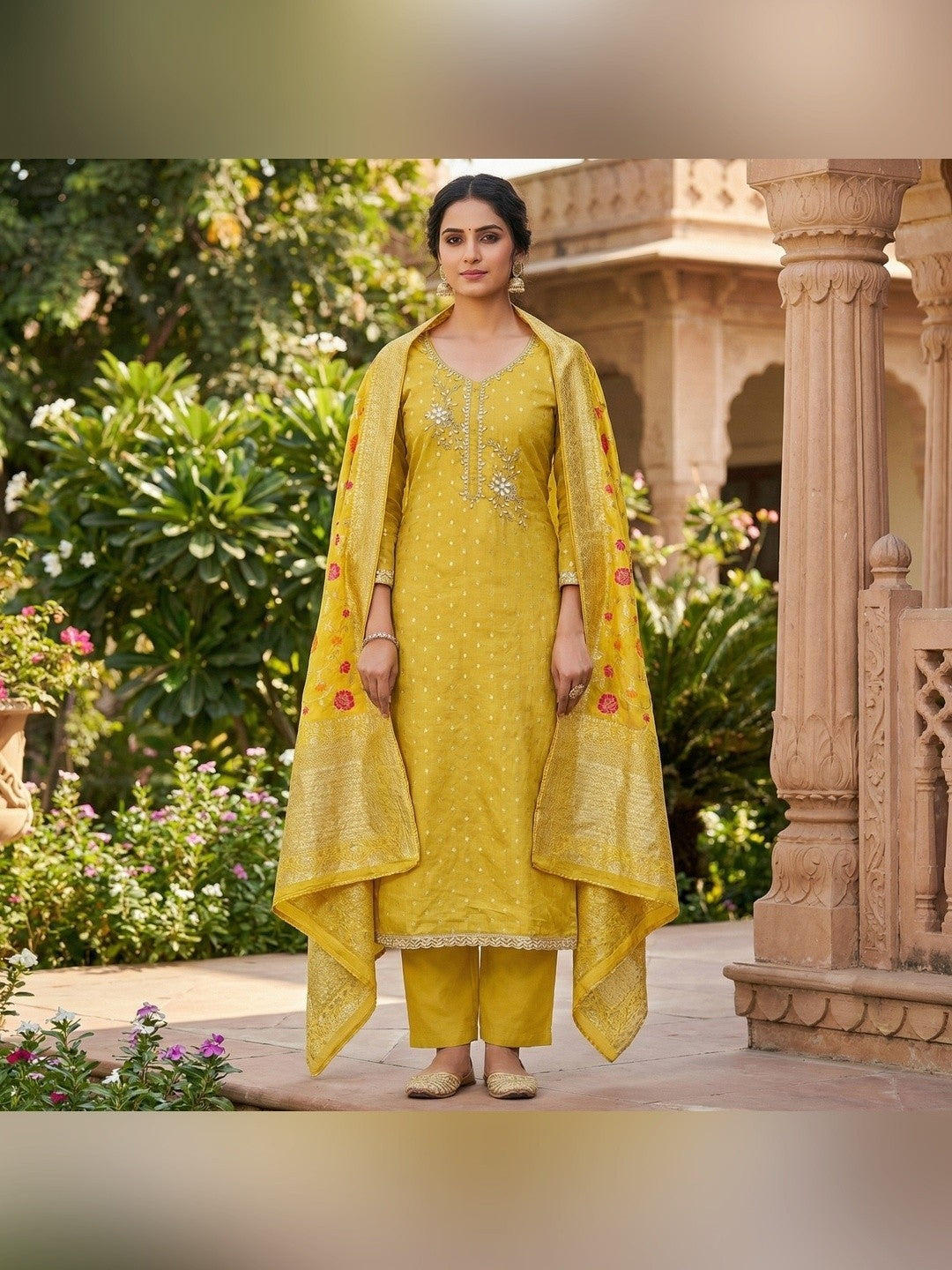Elegant Mustard Weaving Shimmer Banarasi Dress Material Adorned With Floral Moti & Sequin Work - Image 3