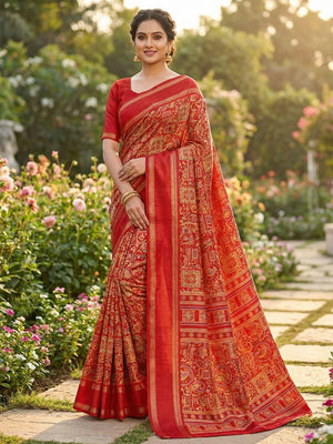 Elegant Red Tussar Silk Saree Featuring Traditional Zari Detailing - Image 1