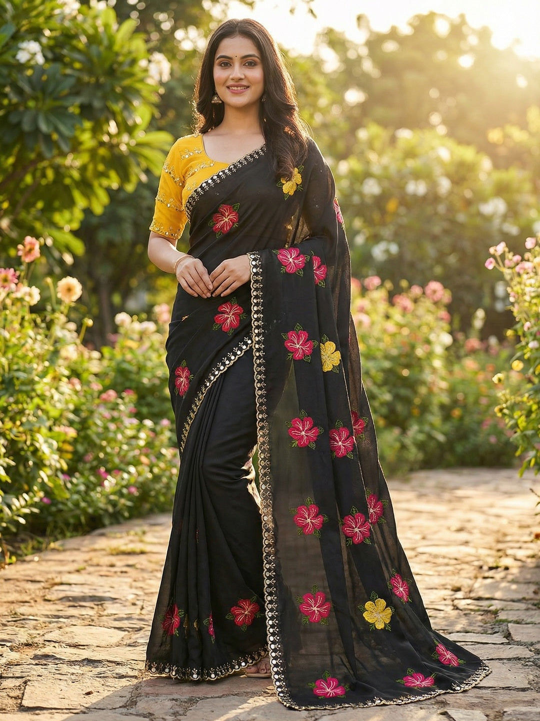 Black & Yellow Floral Thread Work Saree Viscose Beautiful Mirror Border Festive Glamour - Image 1