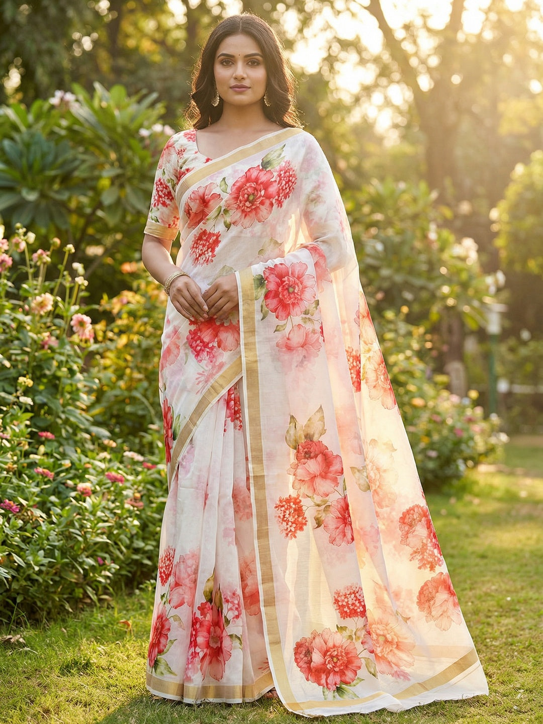 Charming White Floral Printed Chanderi Cotton Saree Highlighted By Intricate Zari Border Work - Image 3