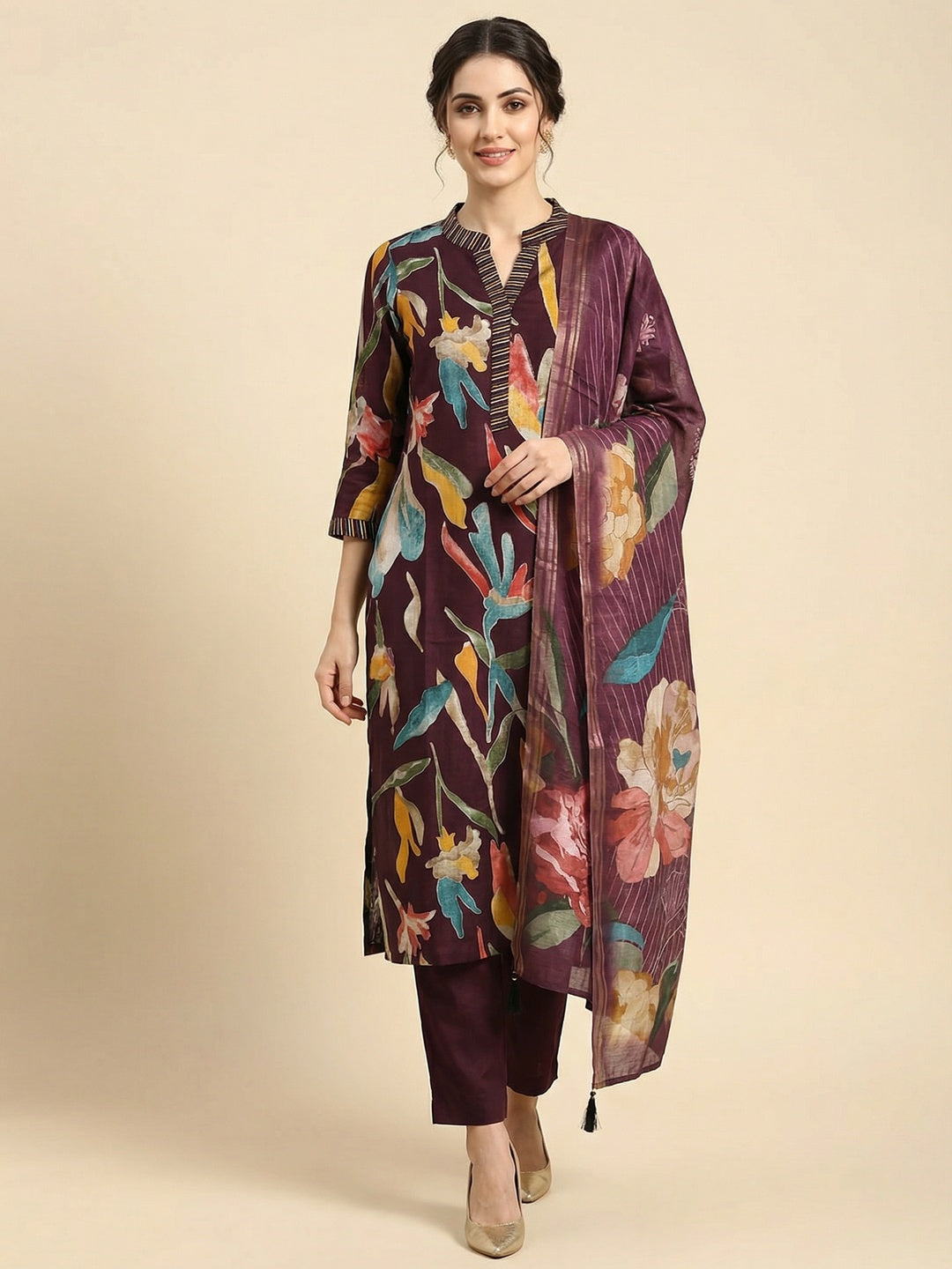 Wine Floral Digital Printed Linen Salwar Suit Crafted in a Comfortable Straight Fit - Image 1