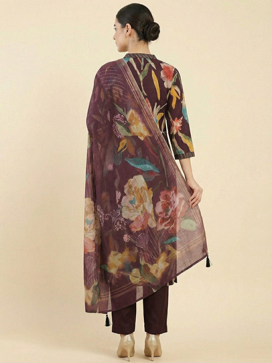 Wine Floral Digital Printed Linen Salwar Suit Crafted in a Comfortable Straight Fit - Image 3