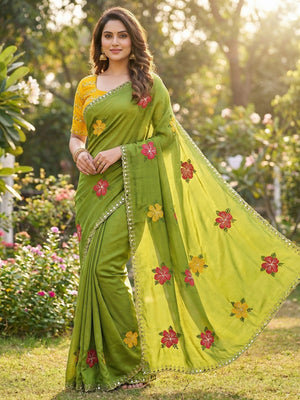 Green & Yellow Floral Thread Work Saree Viscose Beautiful Mirror Border Festive Glamour - Image 1