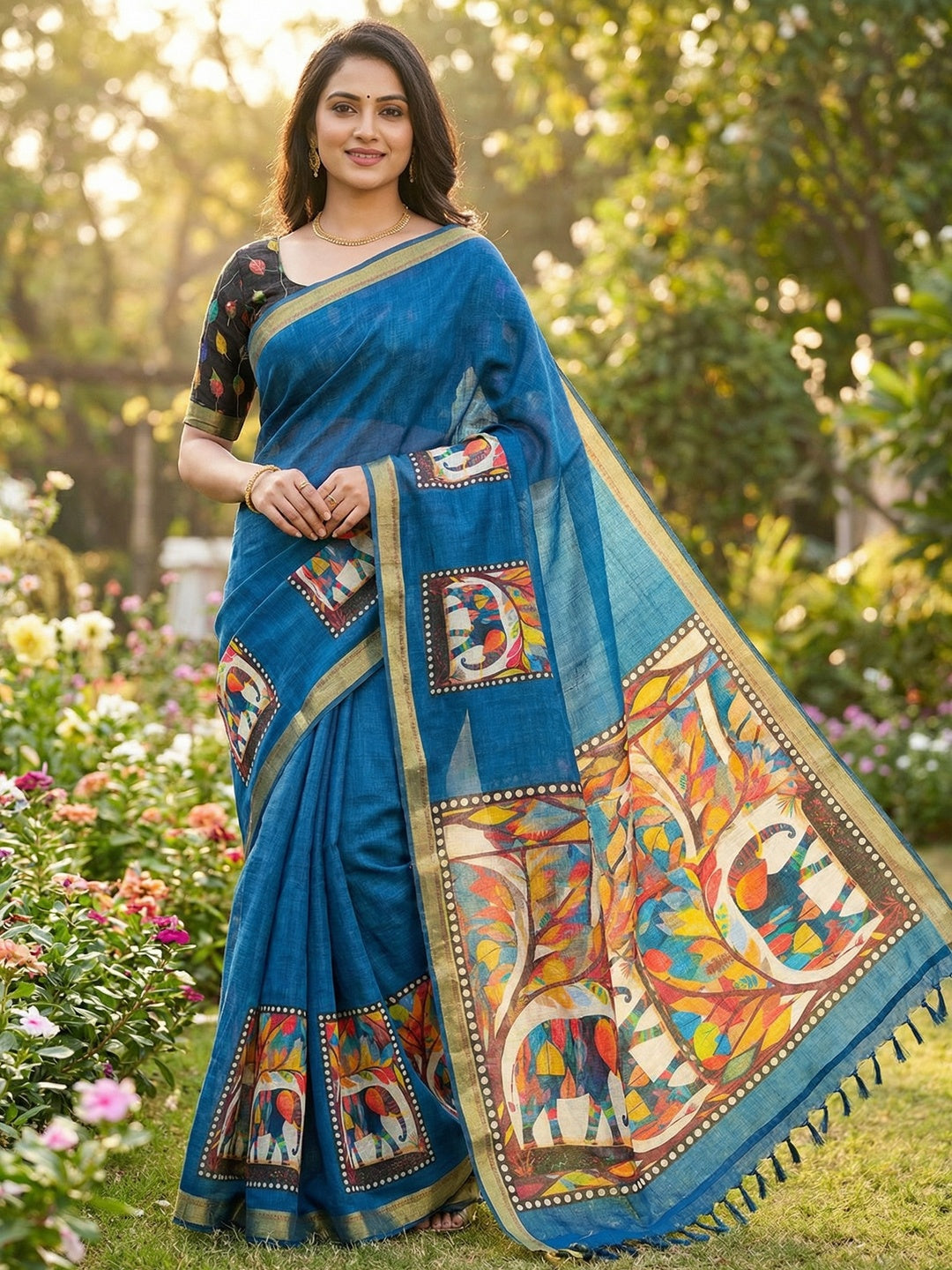 Blue Graceful Blue Linen Cotton Saree With Stylish Floral Prints For Effortless Elegance - Image 1