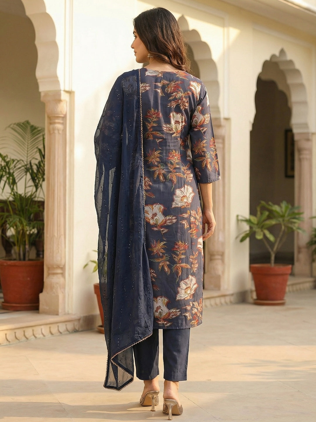 Navy Blue Floral Printed Straight Fit Viscose Salwar Suit with Elegant Embroidery Work - Image 3