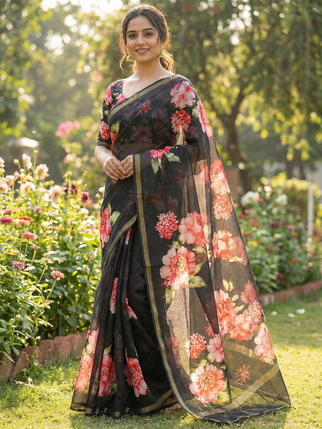 Charming Black Floral Printed Chanderi Cotton Saree Highlighted By Intricate Zari Border Work - Image 6