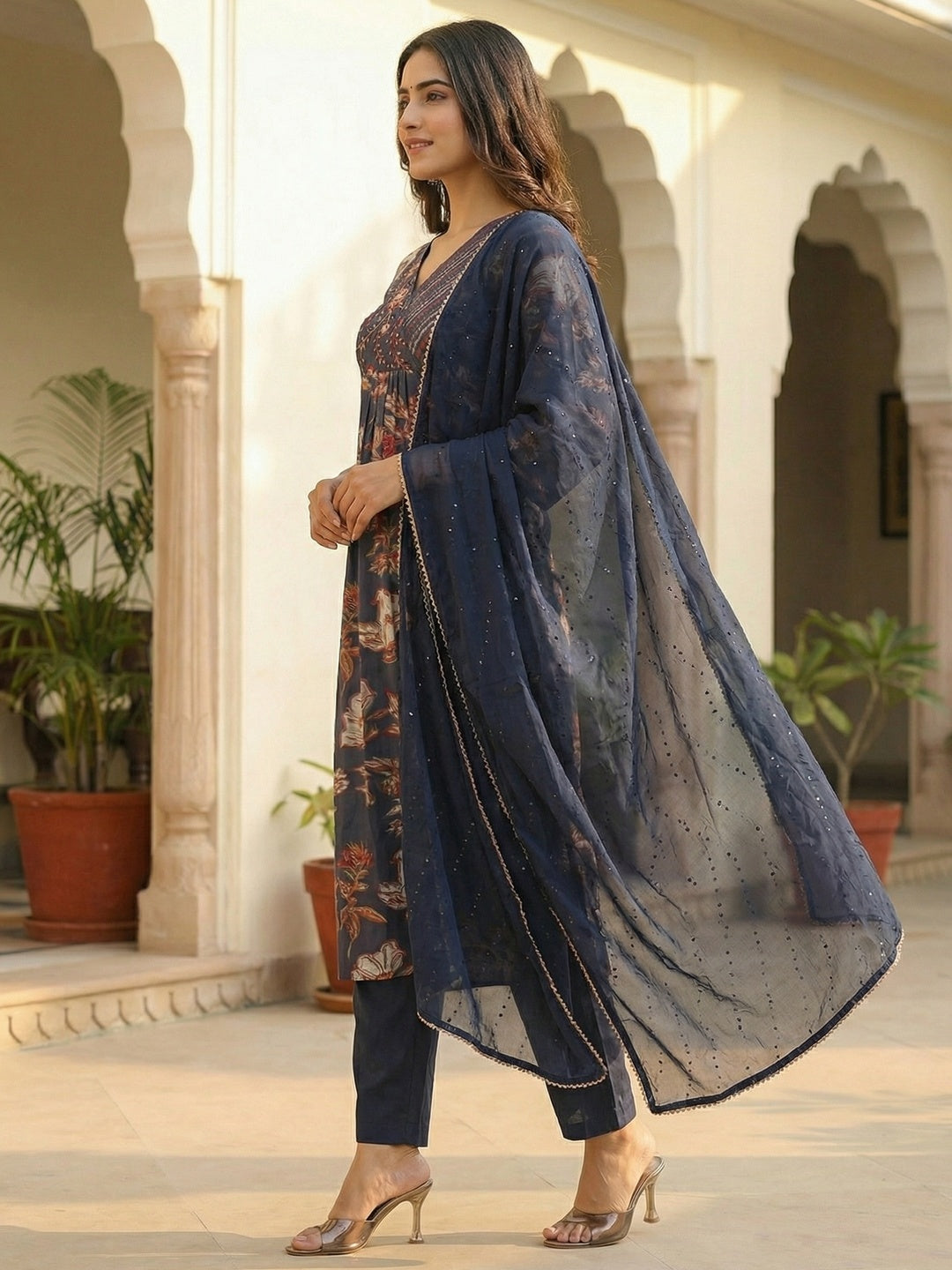 Navy Blue Floral Printed Straight Fit Viscose Salwar Suit with Elegant Embroidery Work - Image 2
