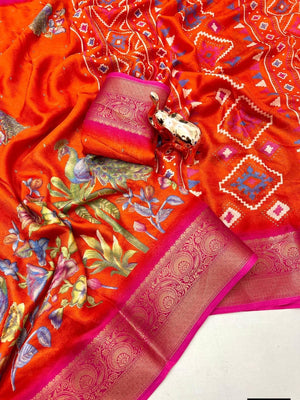 Orange Printed Dola Silk Saree with Intricate Jacquard Woven Border for Festive Wear - Image 2