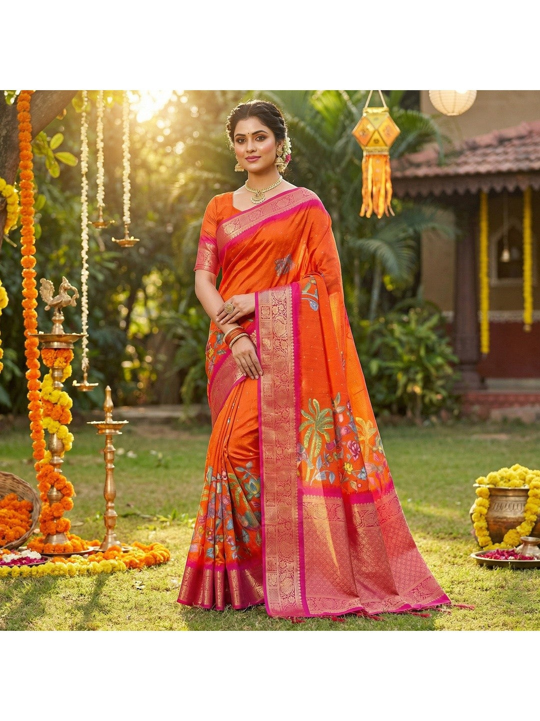 Orange Printed Dola Silk Saree with Intricate Jacquard Woven Border for Festive Wear - Image 4