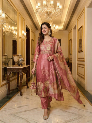 Pink Floral Print Shimmer Salwar Suit Featuring Handcrafted Neck Embellishment - Image 1