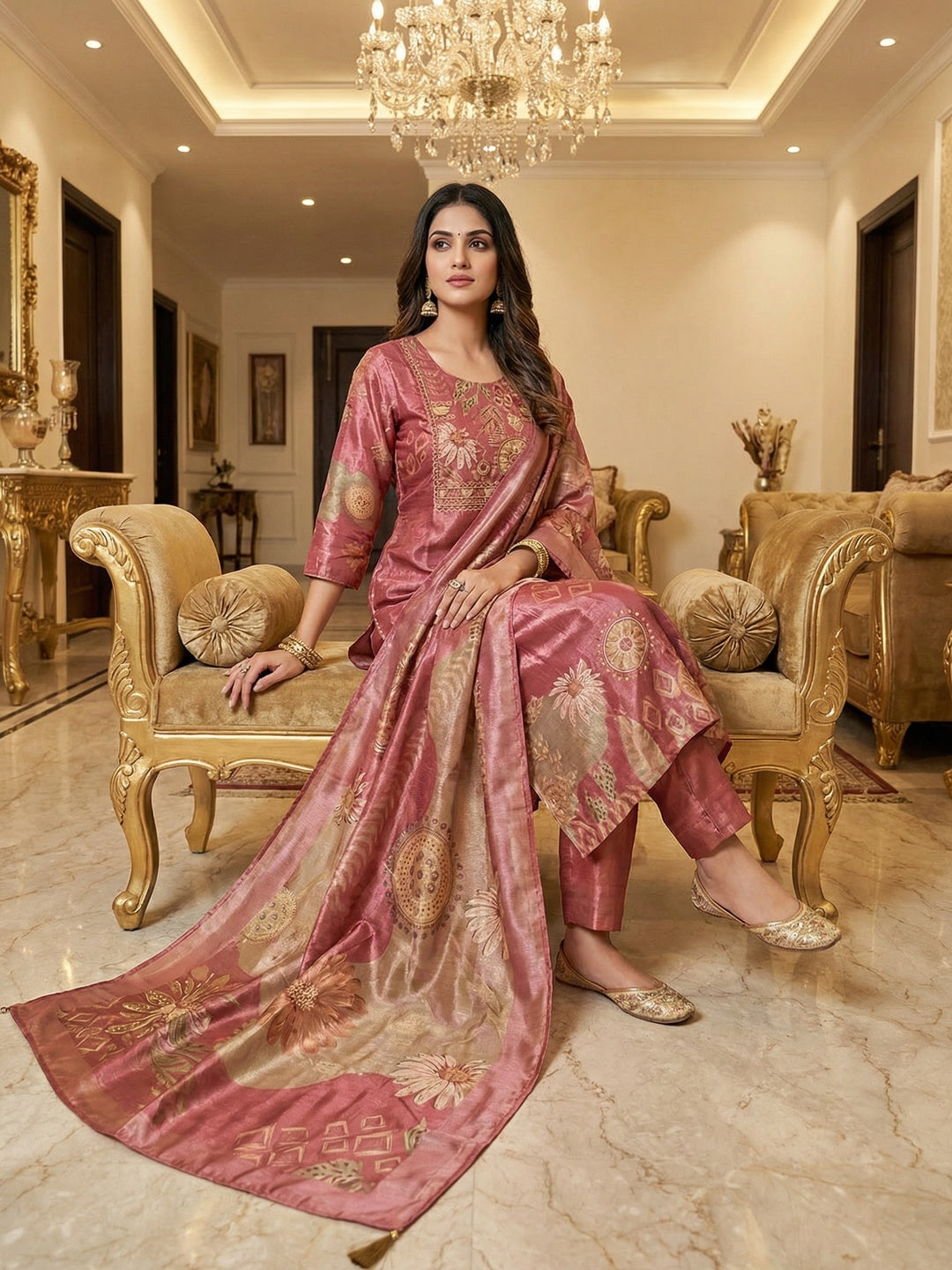 Pink Floral Print Shimmer Salwar Suit Featuring Handcrafted Neck Embellishment - Image 3
