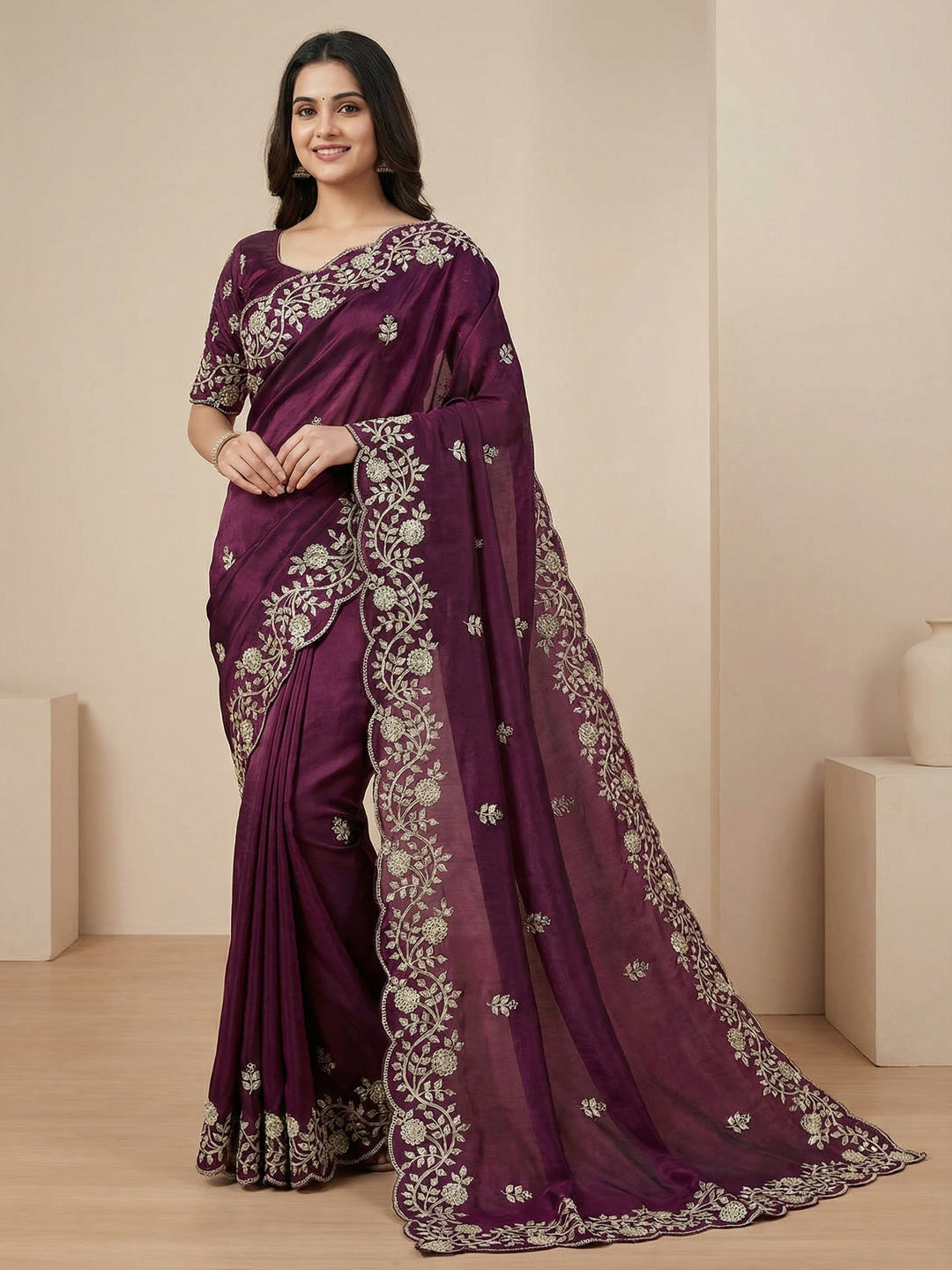 Wine Party Wear Saree in Fandy Satin Fabric with Detailed Thread Embroidery Work - Image 1