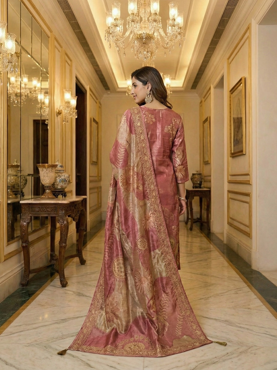 Pink Floral Print Shimmer Salwar Suit Featuring Handcrafted Neck Embellishment - Image 4