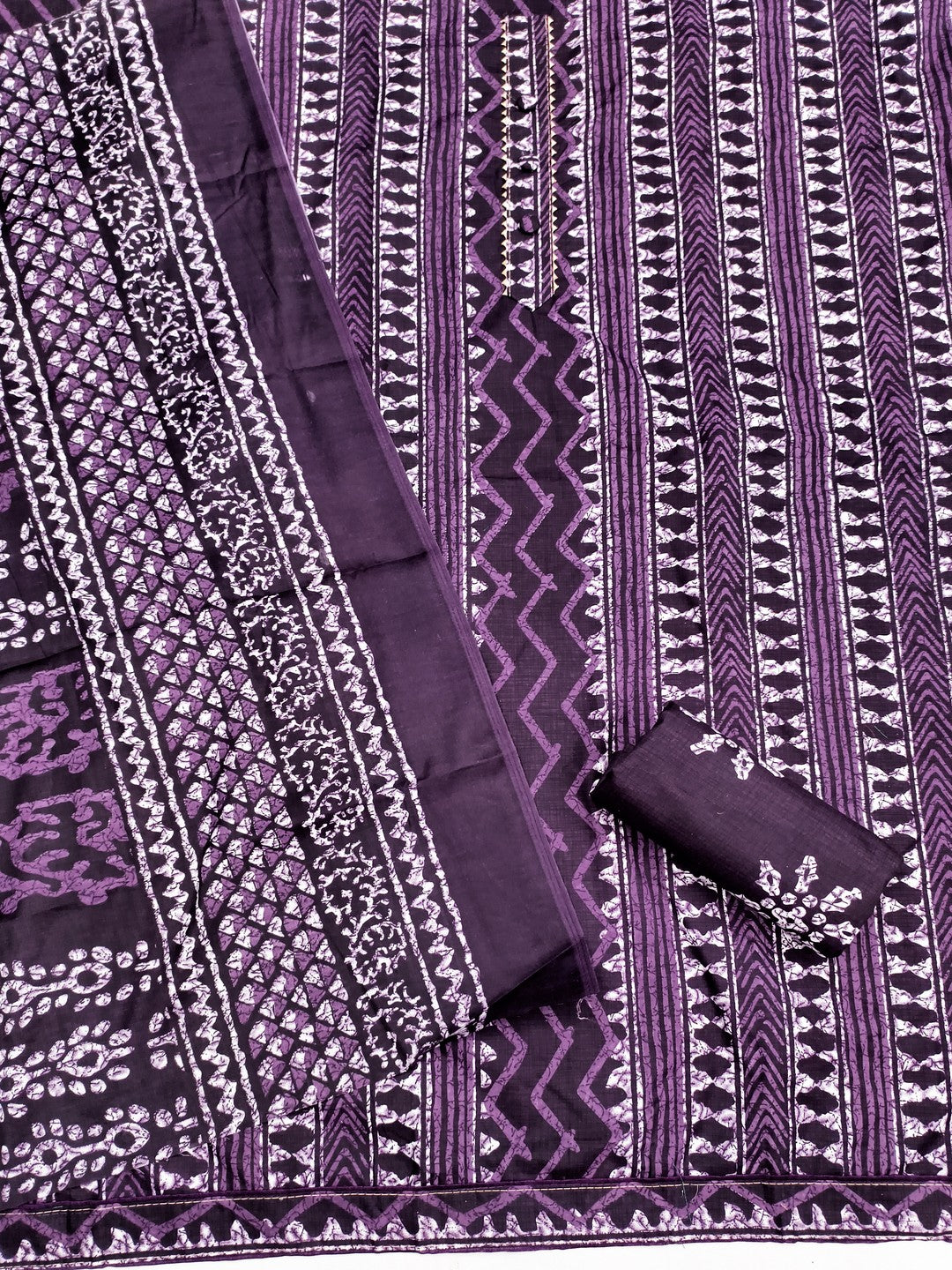 Purple Batik Printed Pure Cotton Unstitched Dress Material for Comfortable Daily Wear - Image 3