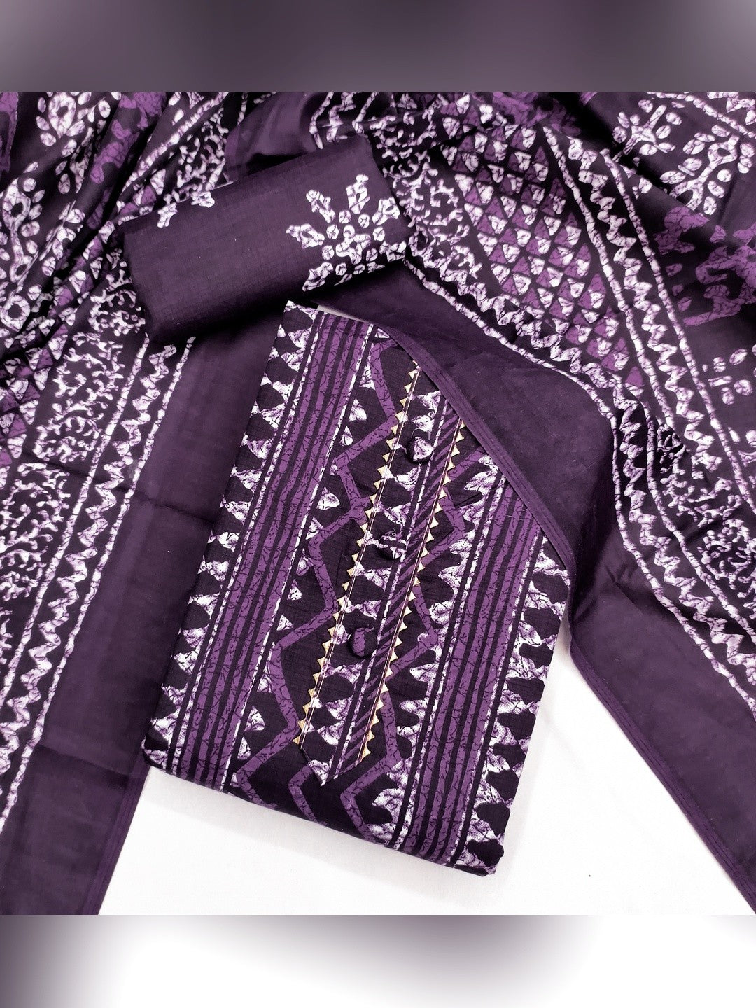 Purple Batik Printed Pure Cotton Unstitched Dress Material for Comfortable Daily Wear - Image 5