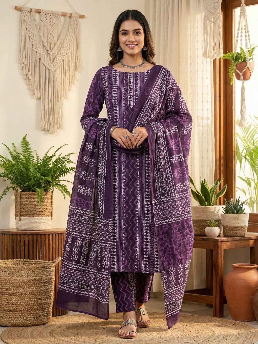 Purple Batik Printed Pure Cotton Unstitched Dress Material for Comfortable Daily Wear - Image 2