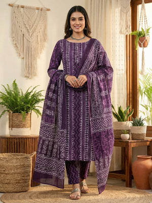 Purple Batik Printed Pure Cotton Unstitched Dress Material for Comfortable Daily Wear - Image 2
