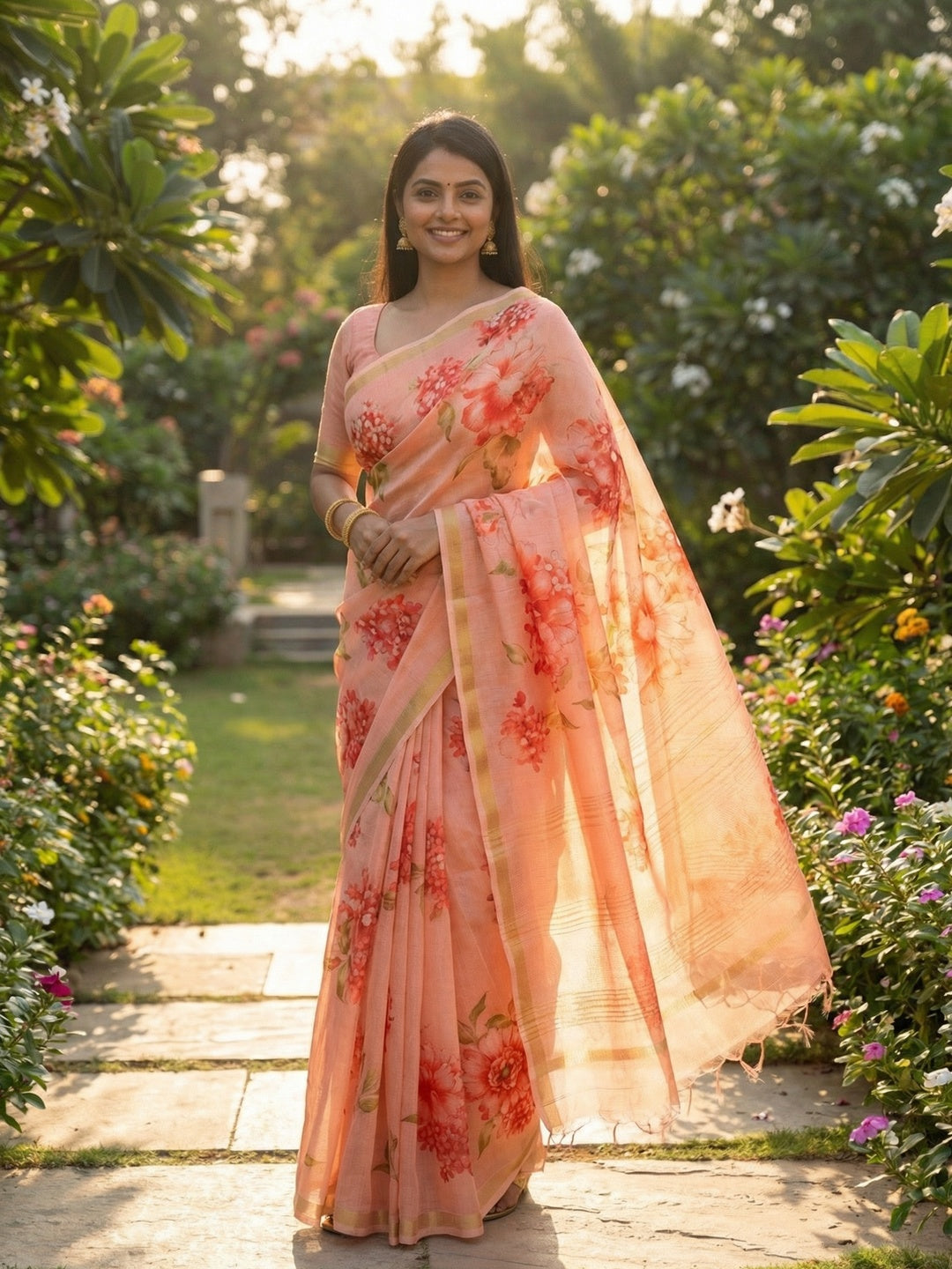 Charming Peach Floral Printed Chanderi Cotton Saree Highlighted By Intricate Zari Border Work - Image 1